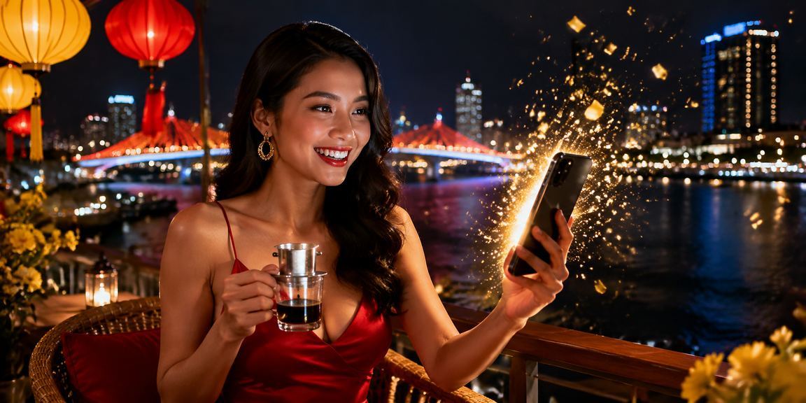 Người chơi casino trên điện thoại di động tại Đà Nẵng bên ly cà phê buổi sáng